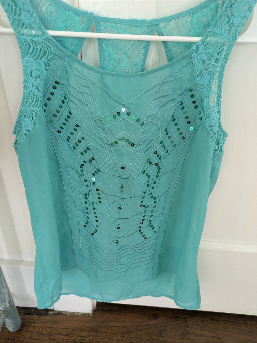Daytrip Teal Lace-Back Sequined Sleeveless Camisole